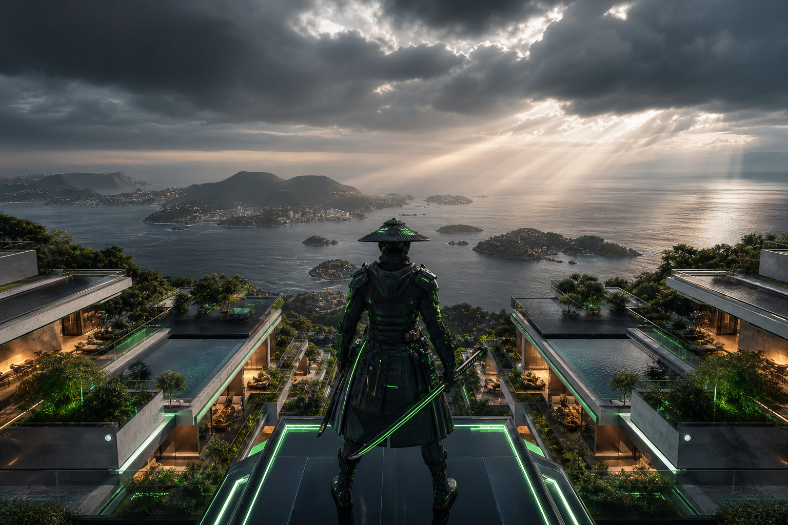 Cyber Samurai Standing On Skyscraper Luxury-Villas Wallpaper  5 4K