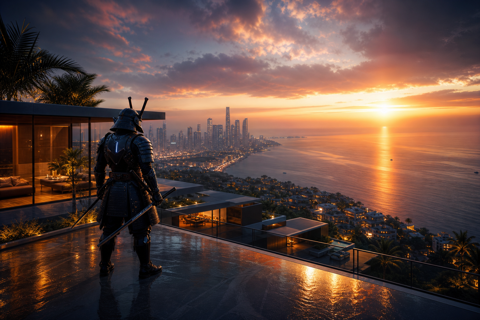 Cyber Samurai Standing On Skyscraper Luxury-Villas Wallpaper  5 4K