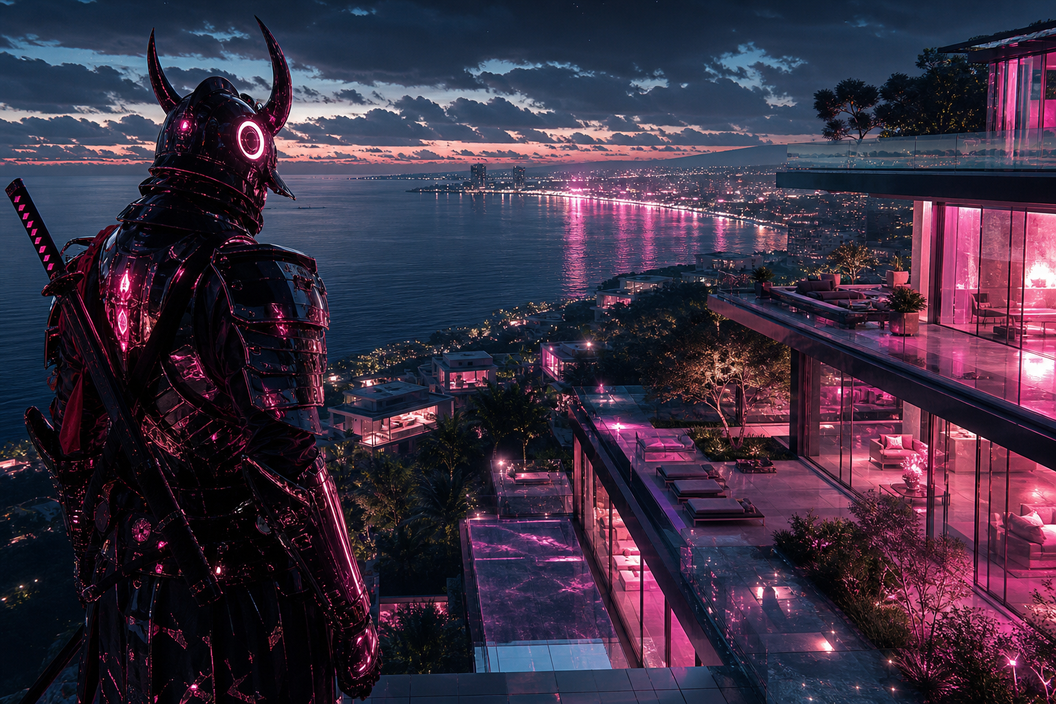 Cyber Samurai Standing On Skyscraper Luxury-Villas Wallpaper  5 4K