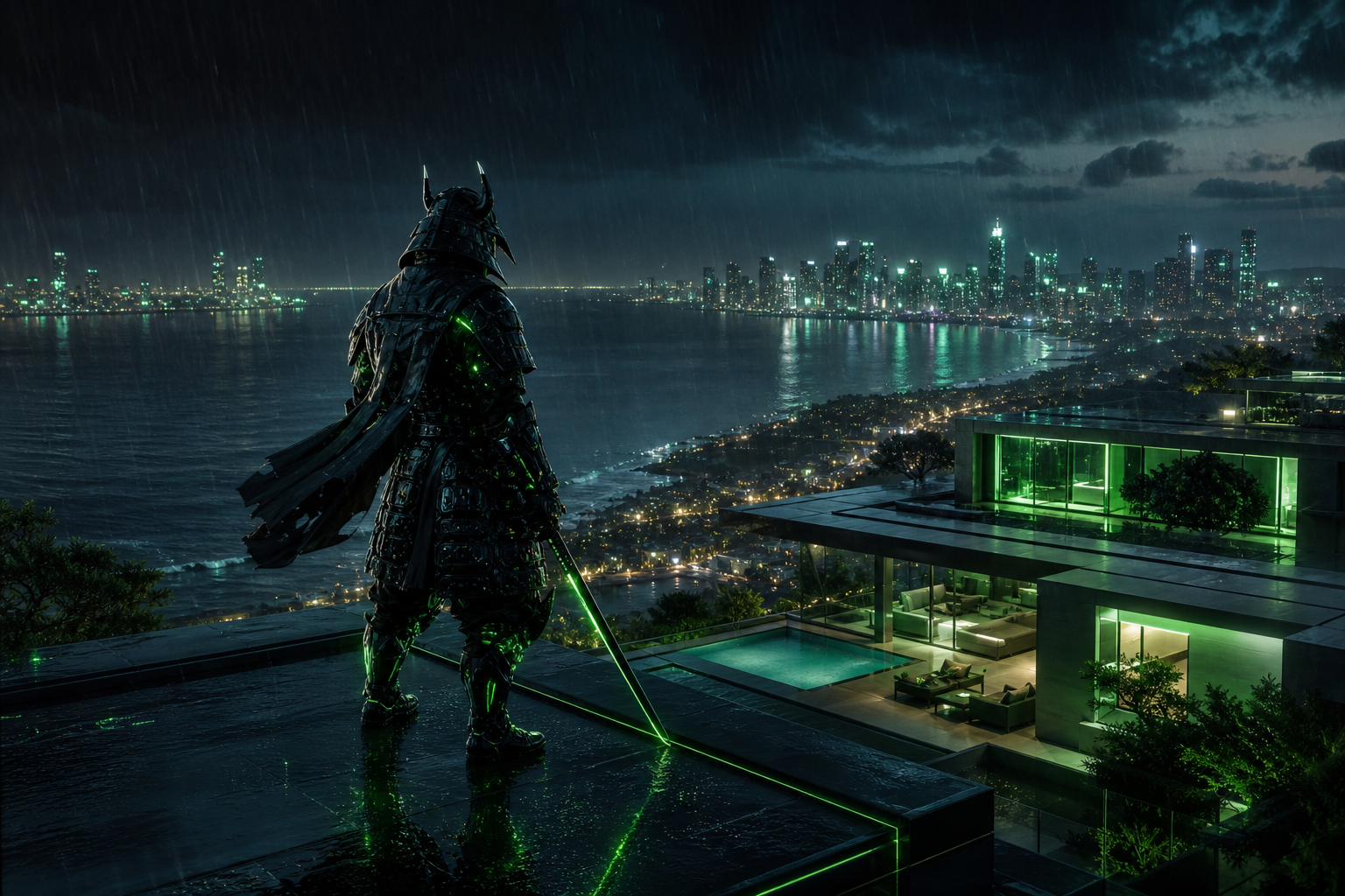 Cyber Samurai Standing On Skyscraper Luxury-Villas Wallpaper  5 4K