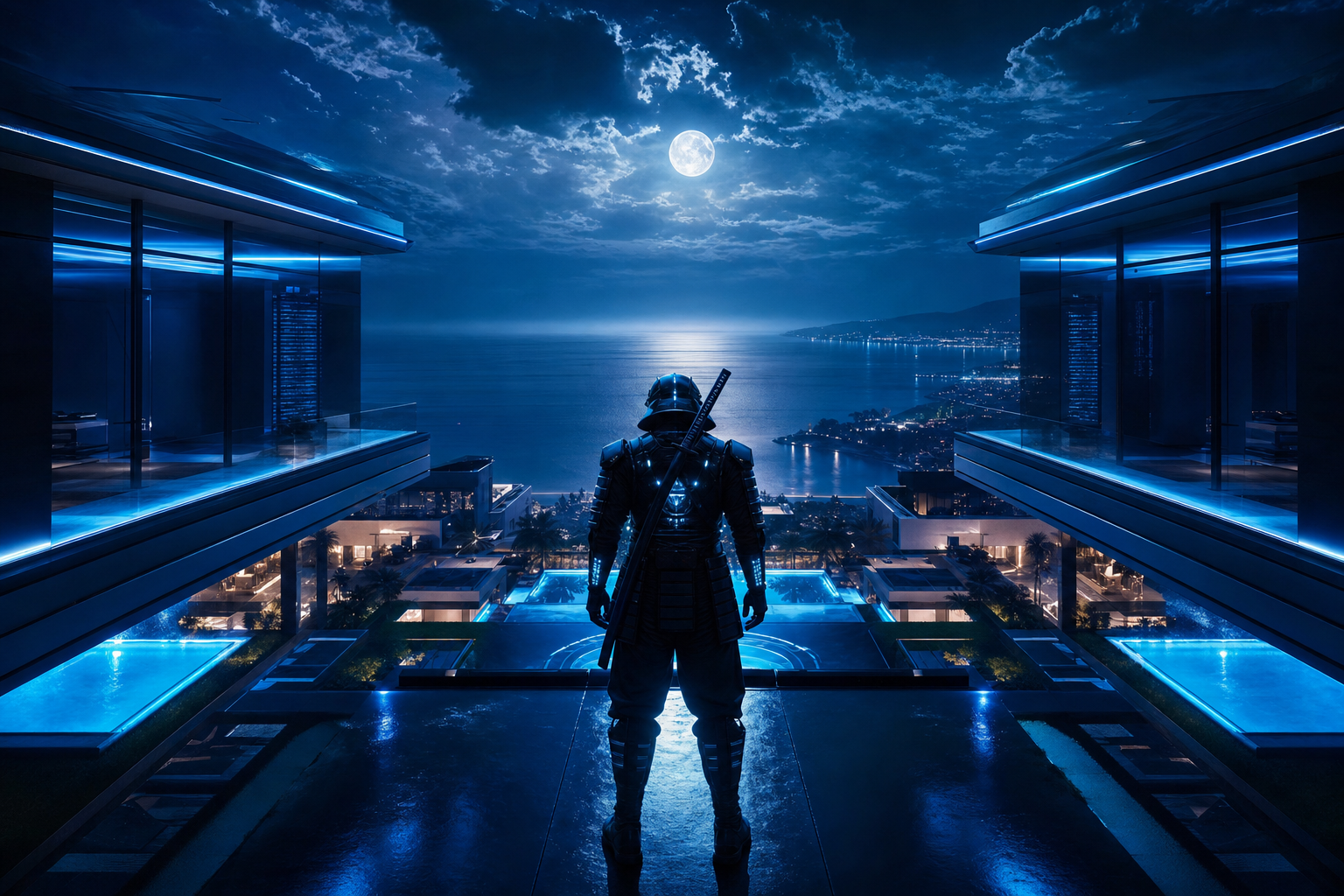 Cyber Samurai Standing On Skyscraper Luxury-Villas Wallpaper  5 4K