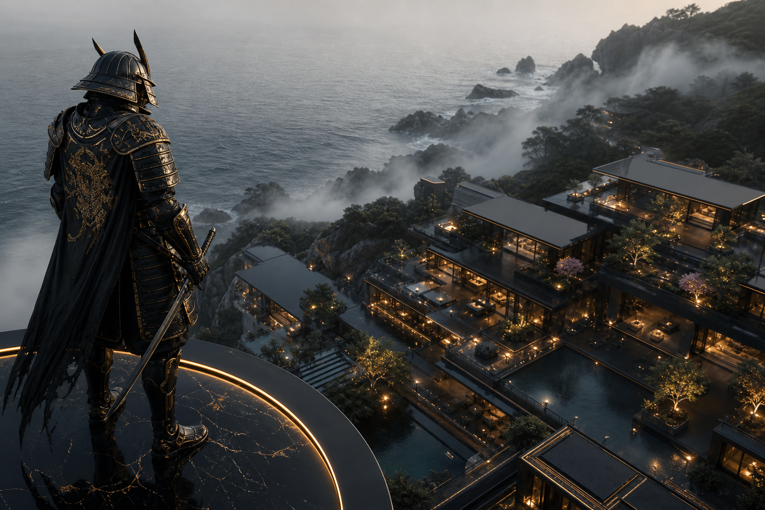 Cyber Samurai Standing On Skyscraper Luxury-Villas Wallpaper  5 4K