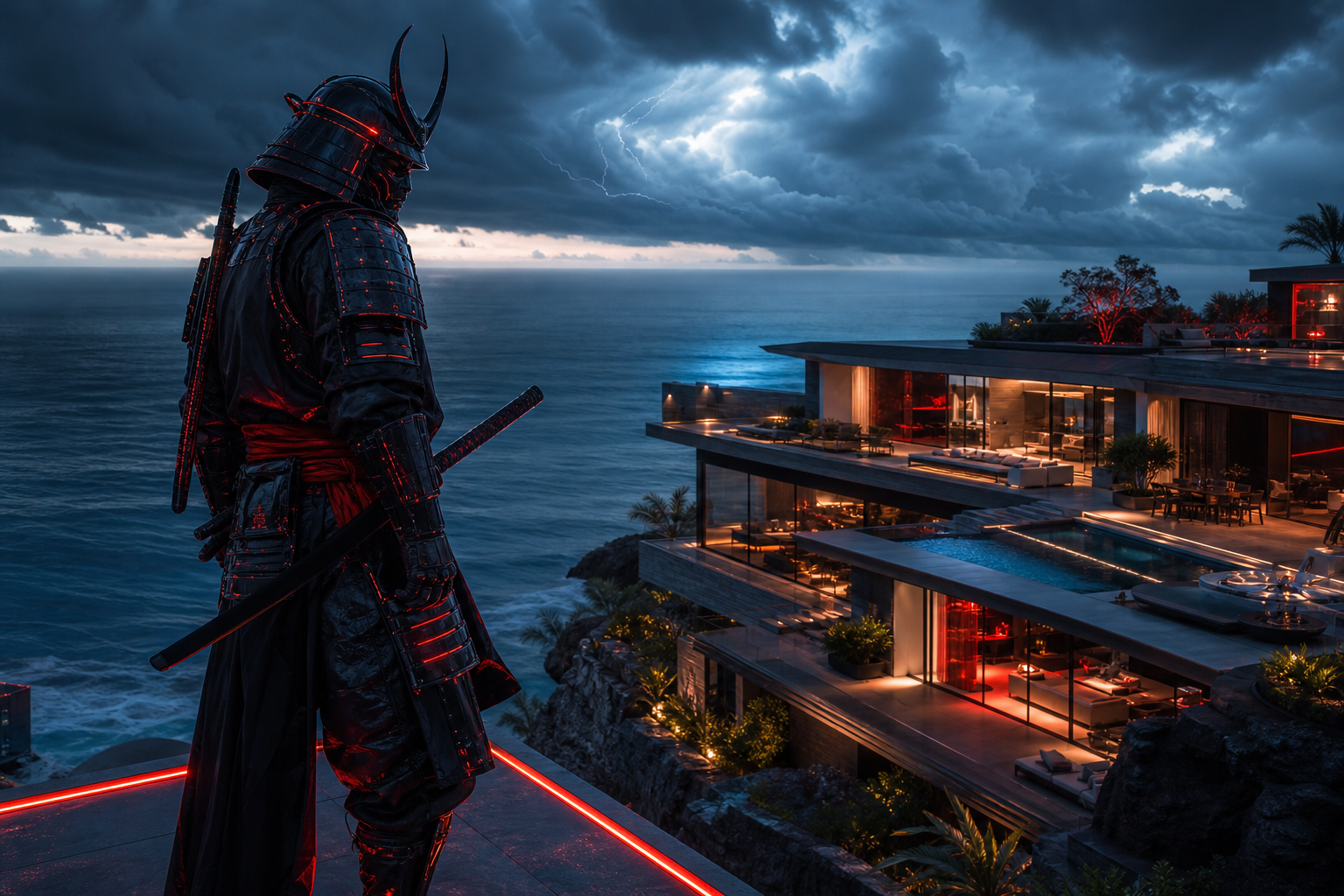 Cyber Samurai Standing On Skyscraper Luxury-Villas Wallpaper  5 4K