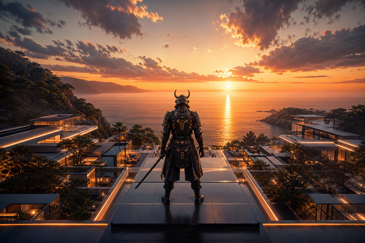 Cyber Samurai Standing On Skyscraper Luxury-Villas Wallpaper  5 4K