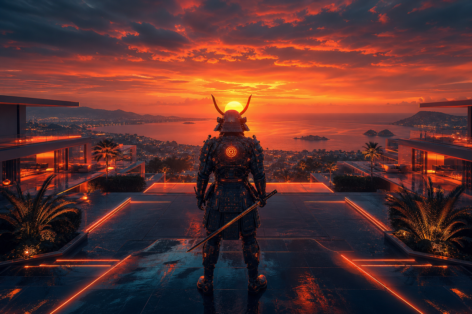 Cyber Samurai Standing On Skyscraper Luxury-Villas Wallpaper  5 4K