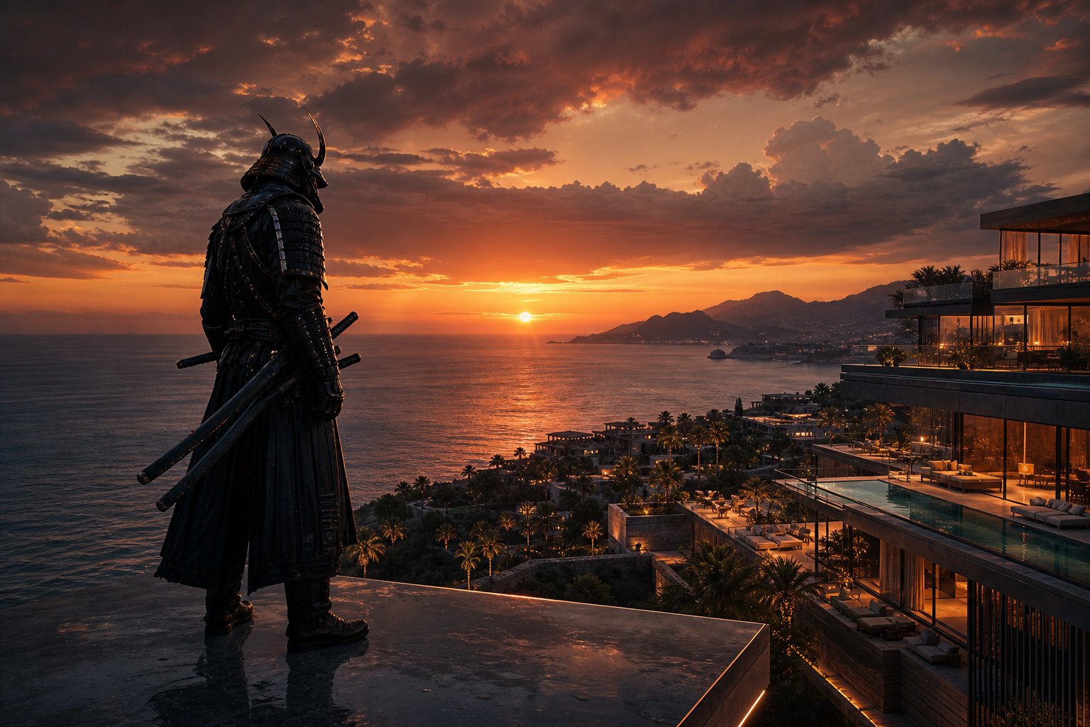 Cyber Samurai Standing On Skyscraper Luxury-Villas Wallpaper  5 4K