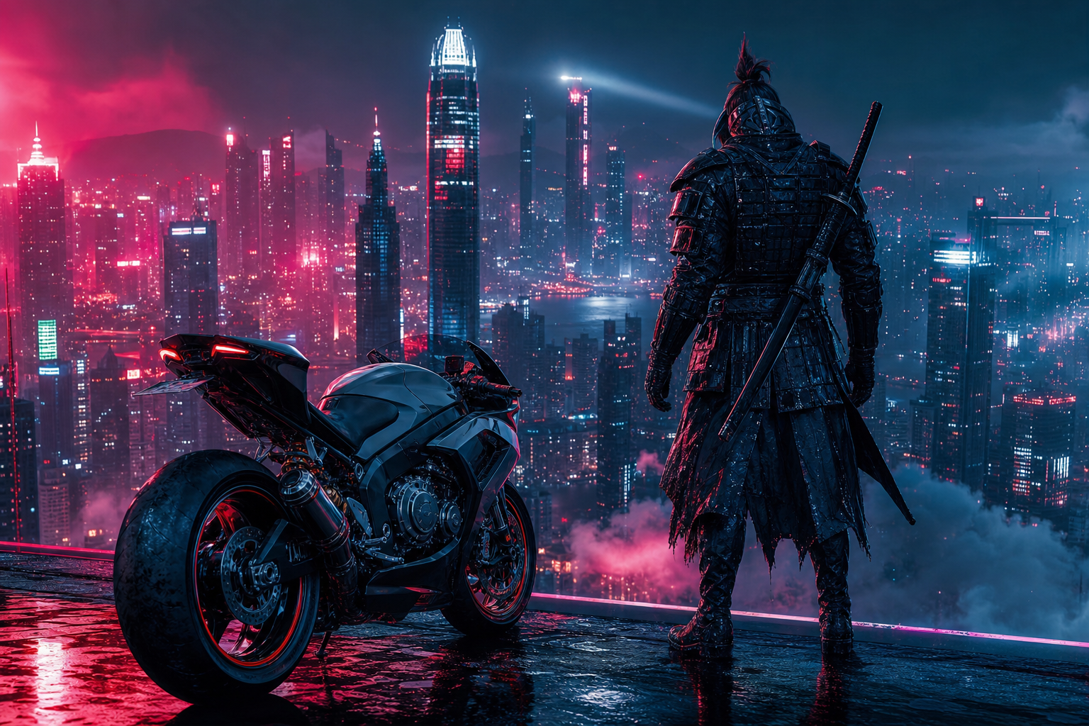 Cyber Samurai Standing On Skyscraper Motorcycles Wallpaper  5 4K