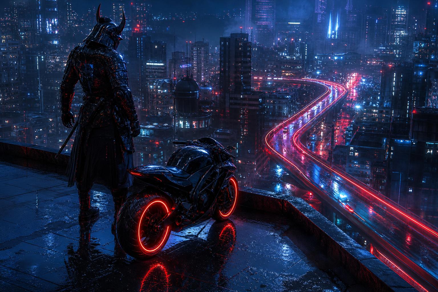 Cyber Samurai Standing On Skyscraper Motorcycles Wallpaper  5 4K