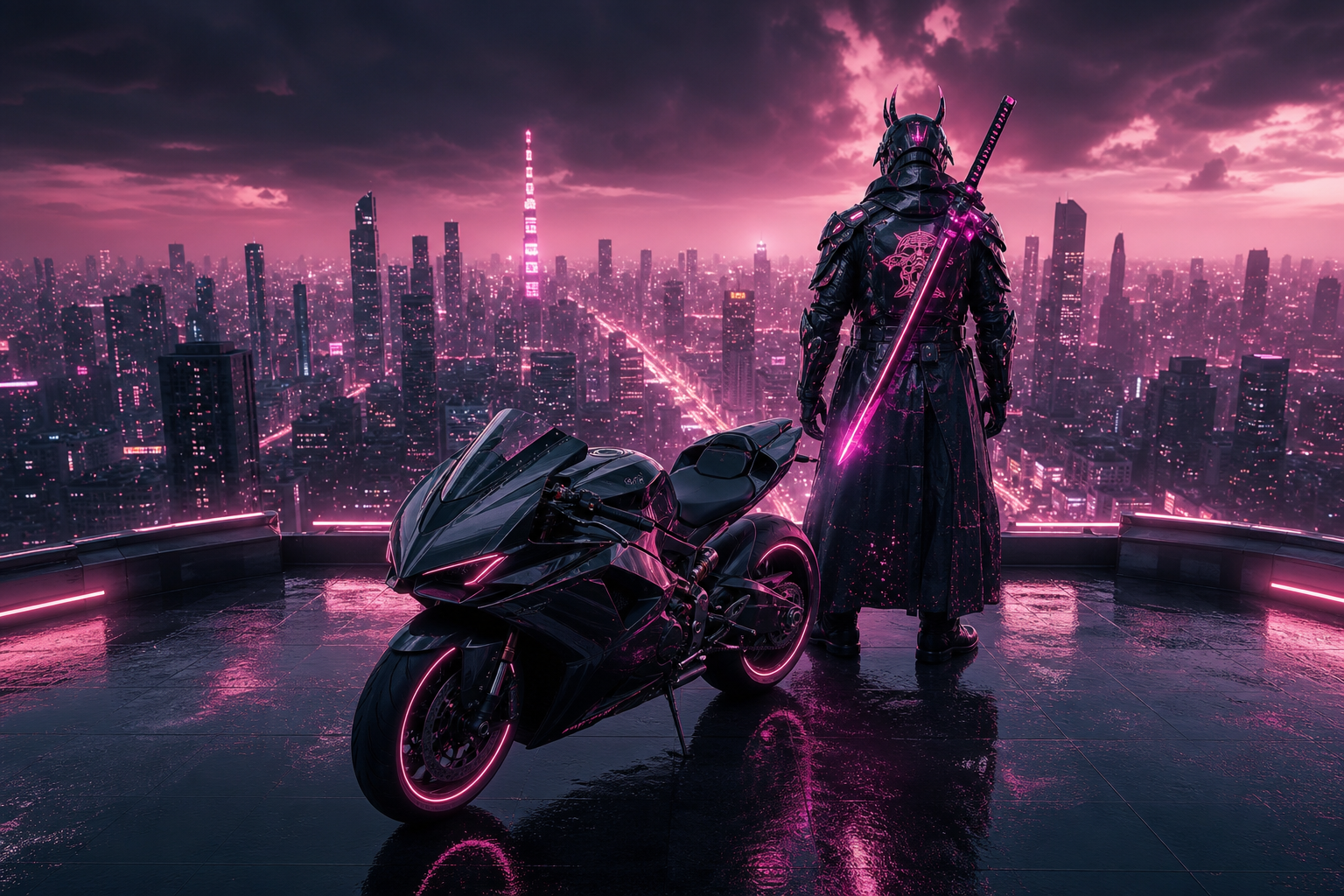 Cyber Samurai Standing On Skyscraper Motorcycles Wallpaper  5 4K