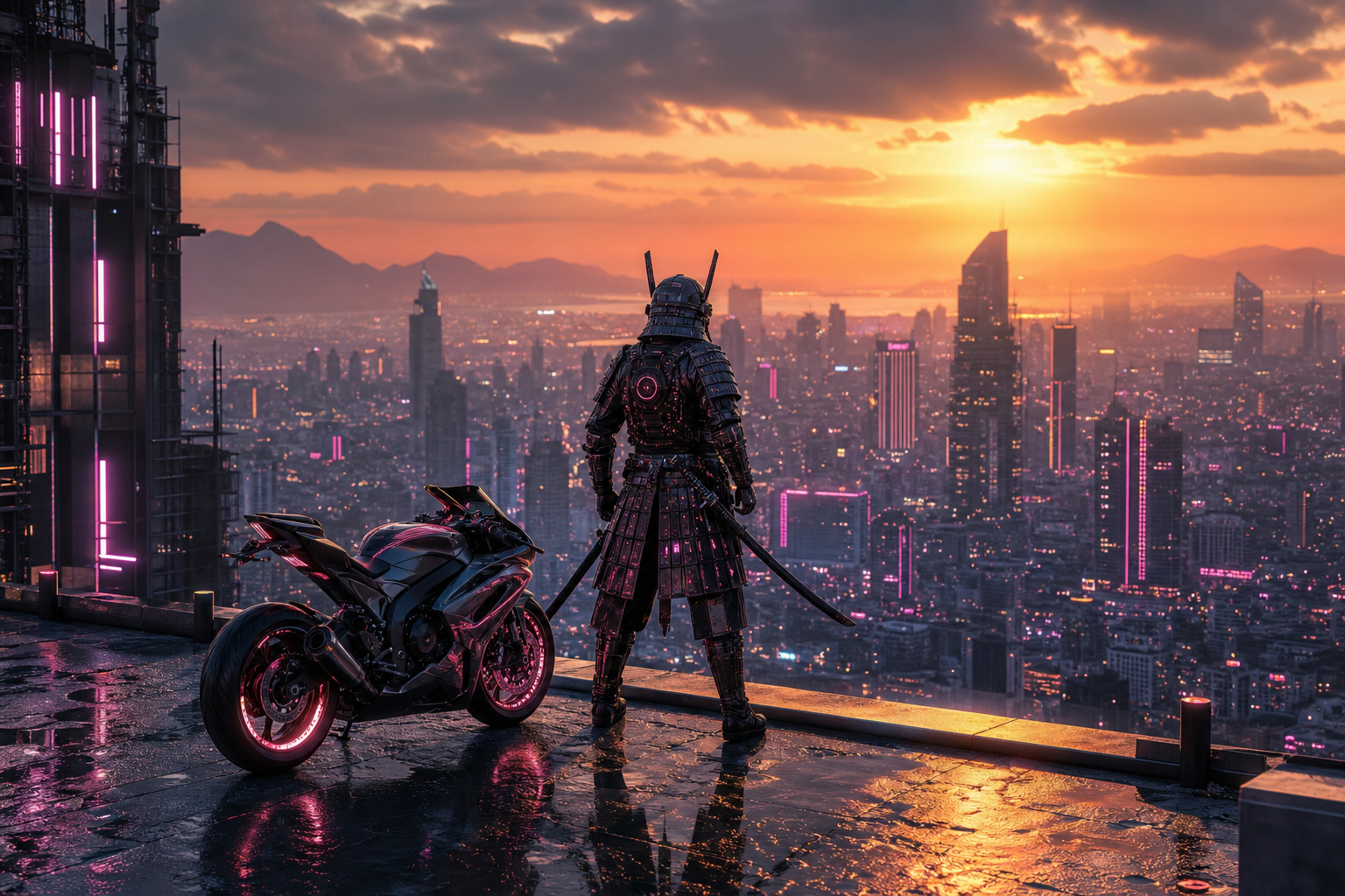 Cyber Samurai Standing On Skyscraper Motorcycles Wallpaper  5 4K