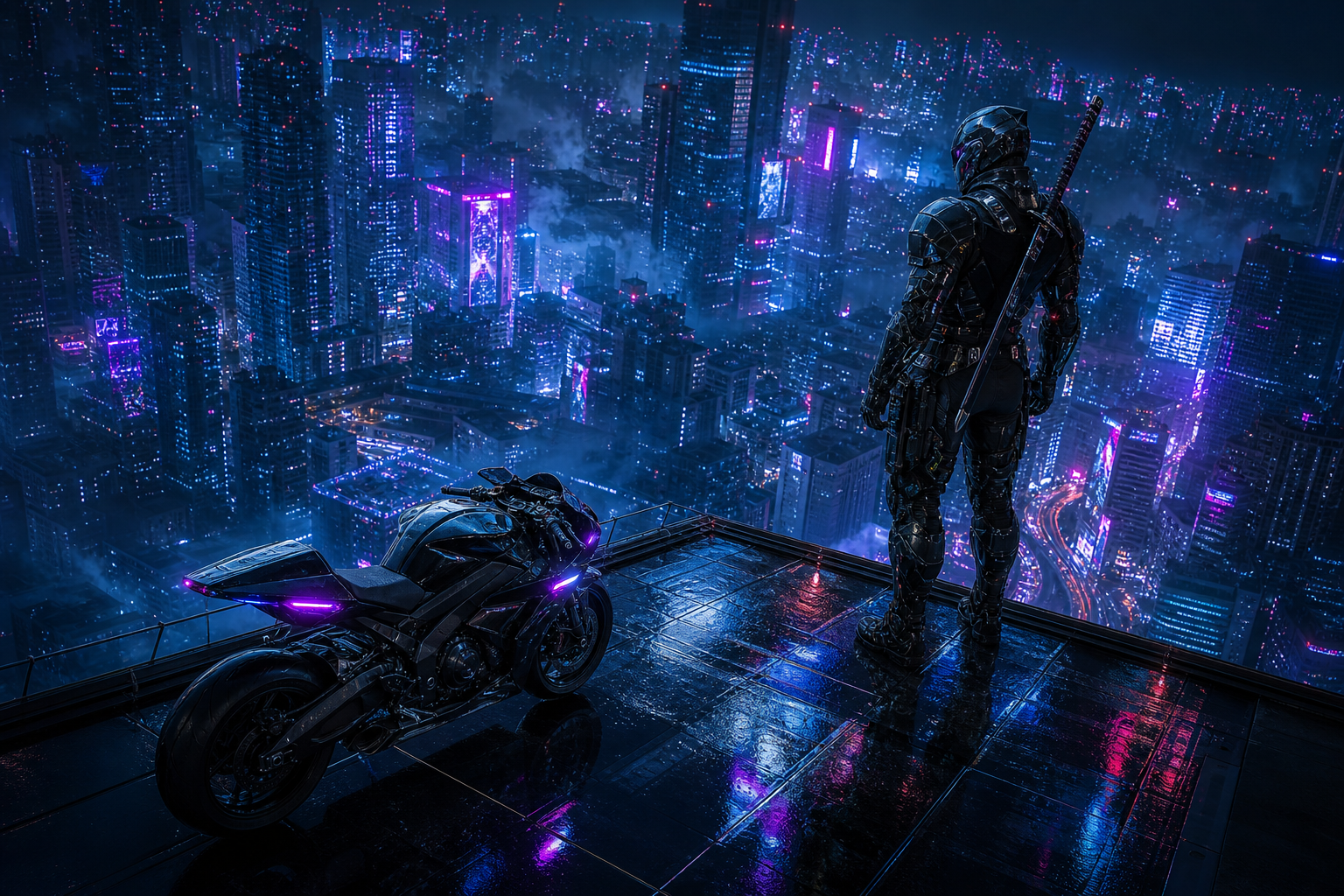 Cyber Samurai Standing On Skyscraper Motorcycles Wallpaper  5 4K