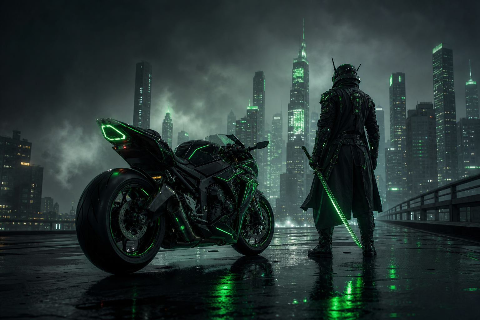 Cyber Samurai Standing On Skyscraper Motorcycles Wallpaper  5 4K