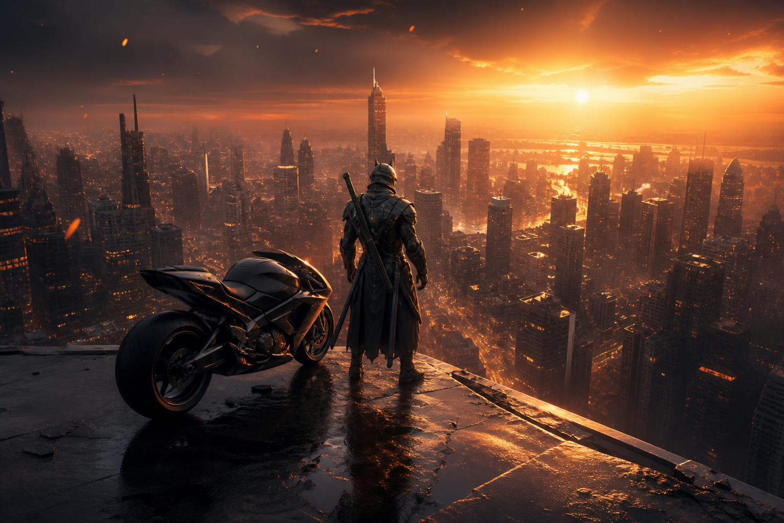 Cyber Samurai Standing On Skyscraper Motorcycles Wallpaper  5 4K