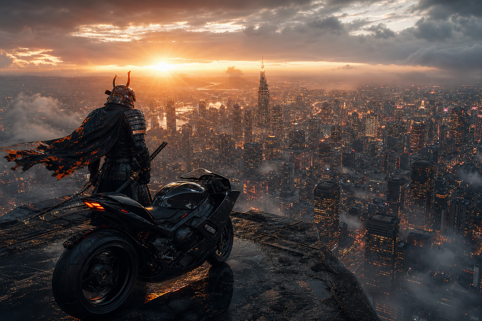 Cyber Samurai Standing On Skyscraper Motorcycles Wallpaper  5 4K