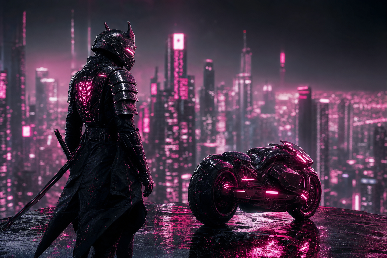 Cyber Samurai Standing On Skyscraper Motorcycles Wallpaper  5 4K