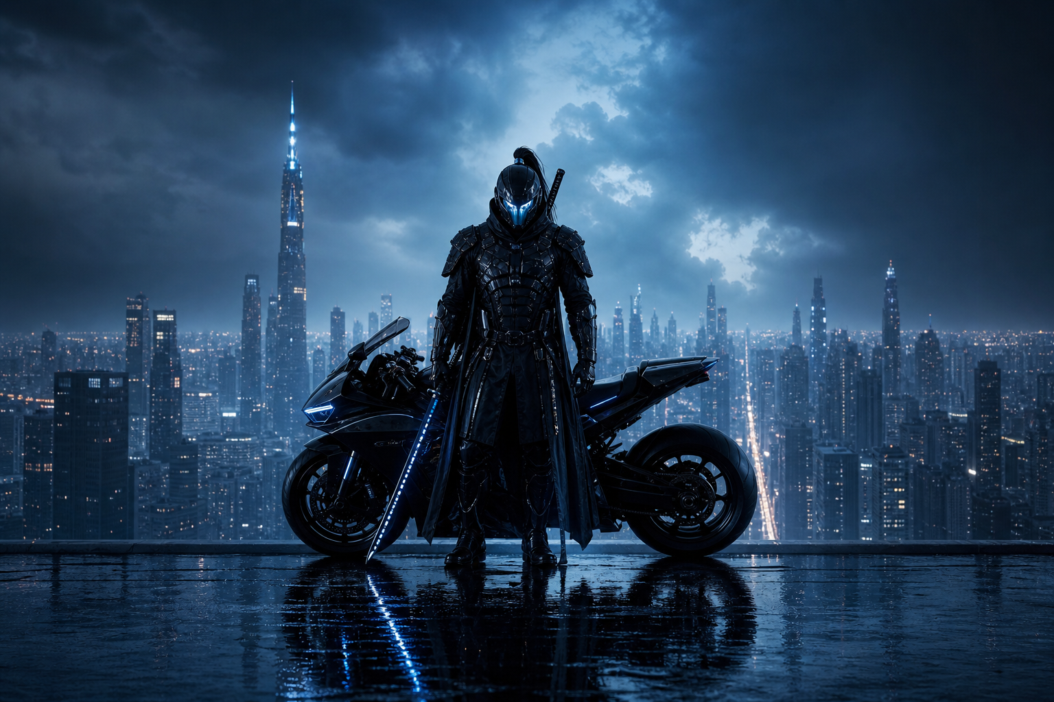 Cyber Samurai Standing On Skyscraper Motorcycles Wallpaper  5 4K