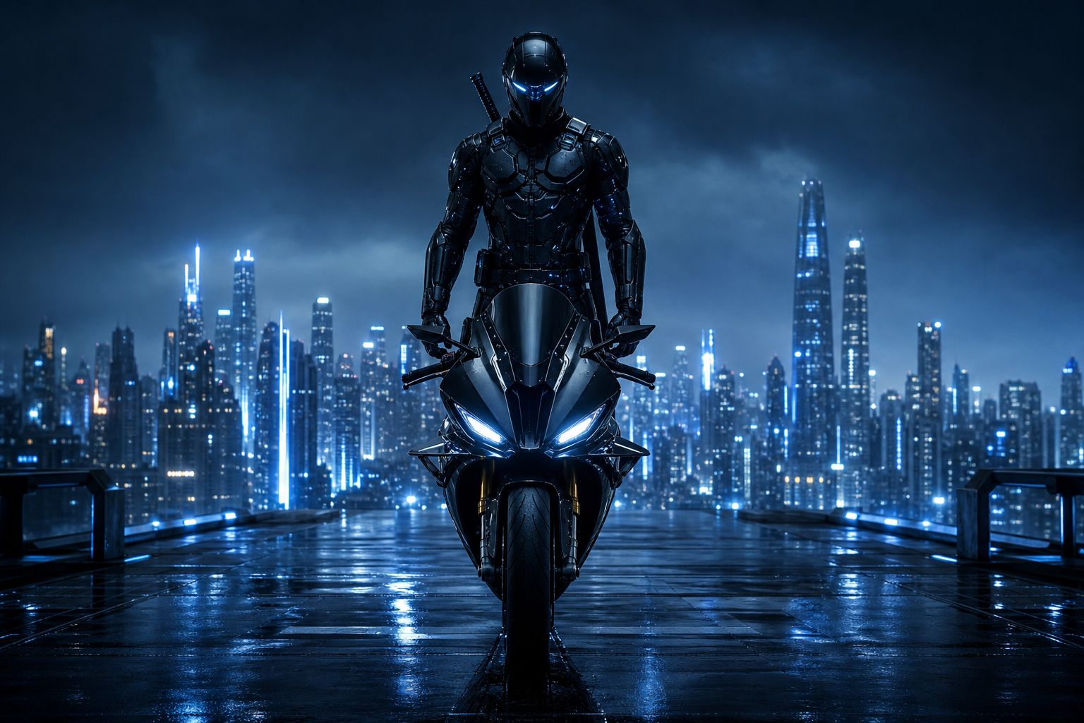 Cyber Samurai Standing On Skyscraper Motorcycles Wallpaper  5 4K