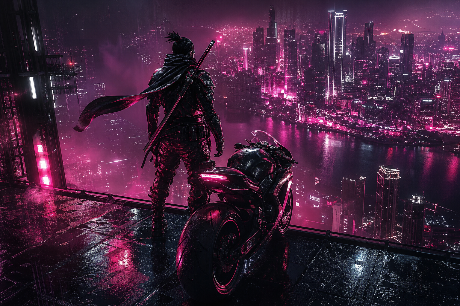 Cyber Samurai Standing On Skyscraper Motorcycles Wallpaper  5 4K