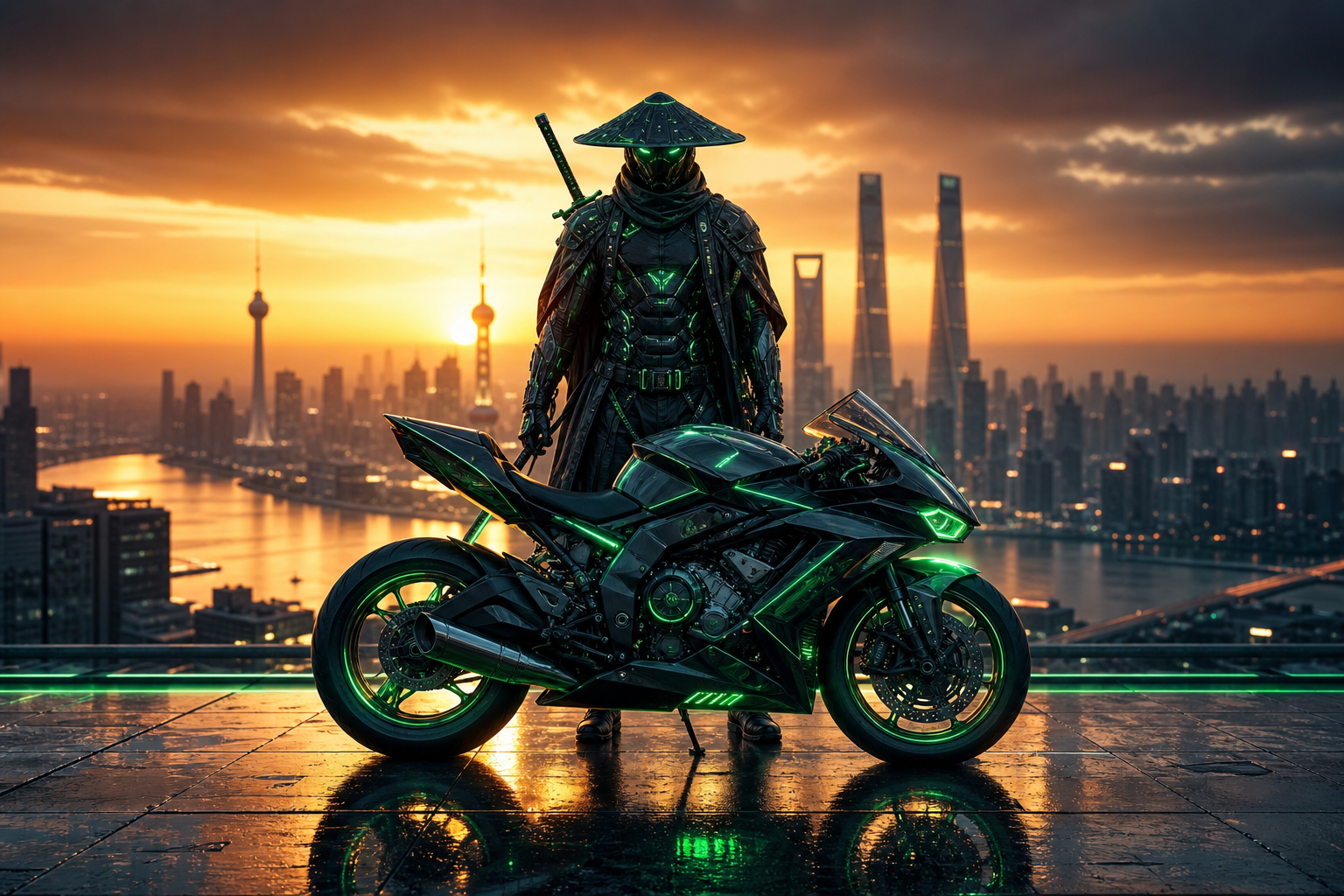 Cyber Samurai Standing On Skyscraper Motorcycles Wallpaper  5 4K