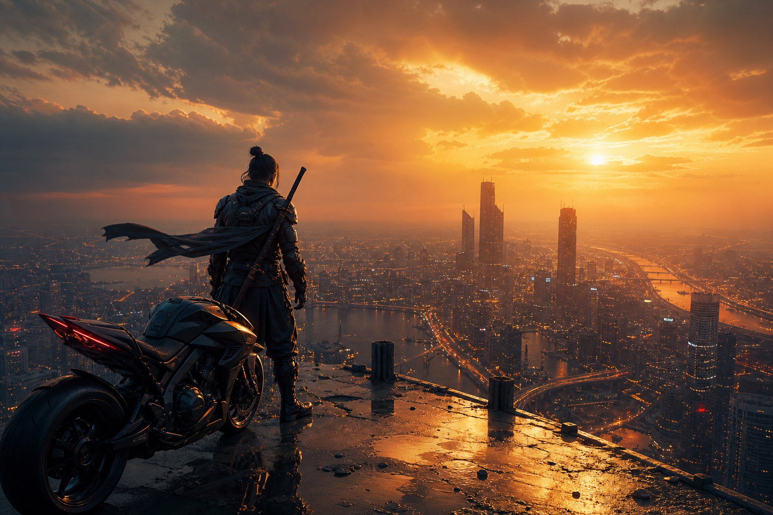 Cyber Samurai Standing On Skyscraper Motorcycles Wallpaper  5 4K