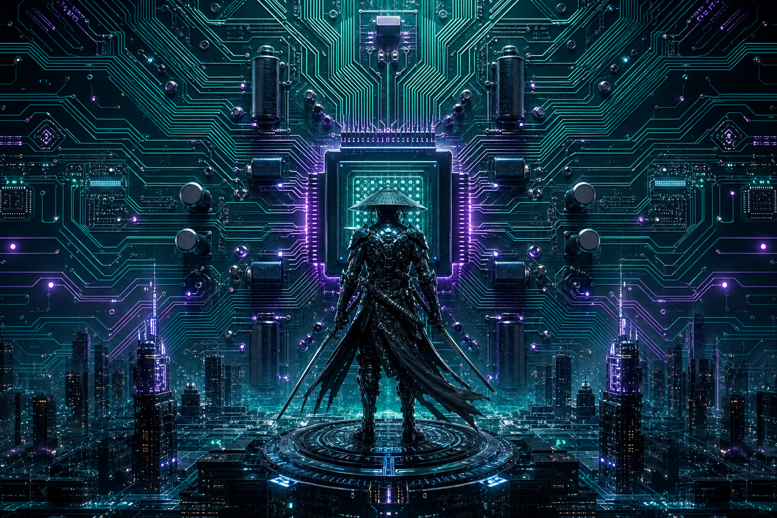 Cyber Samurai Standing On Skyscraper Pcb-Design Wallpaper  5 4K