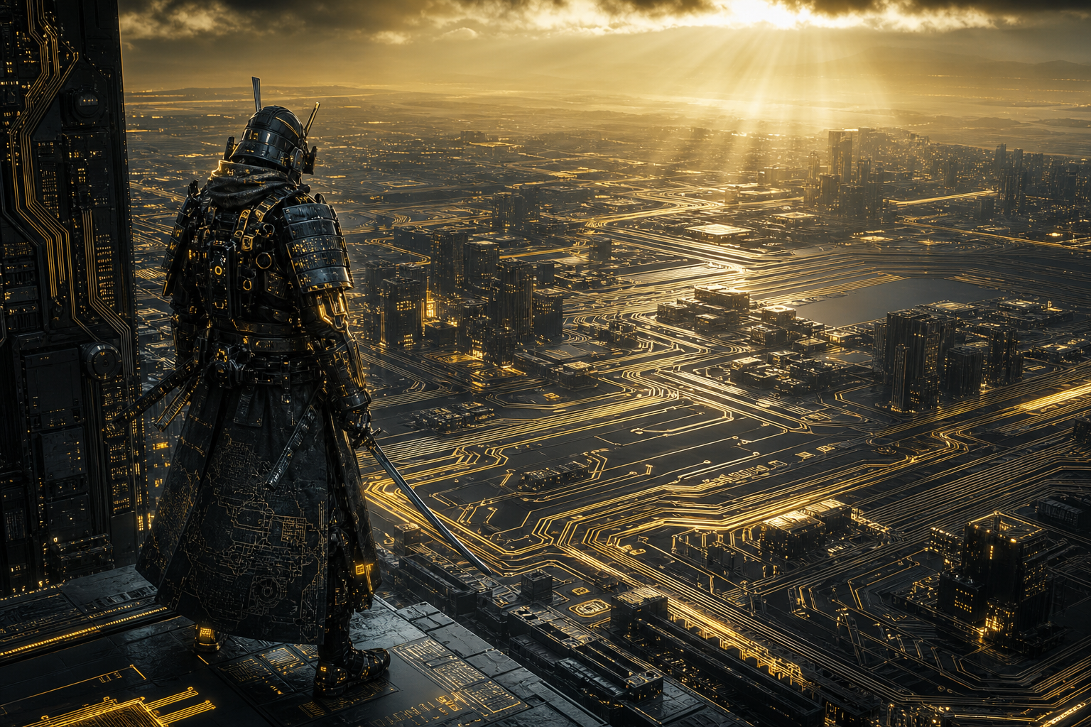 Cyber Samurai Standing On Skyscraper Pcb-Design Wallpaper  5 4K