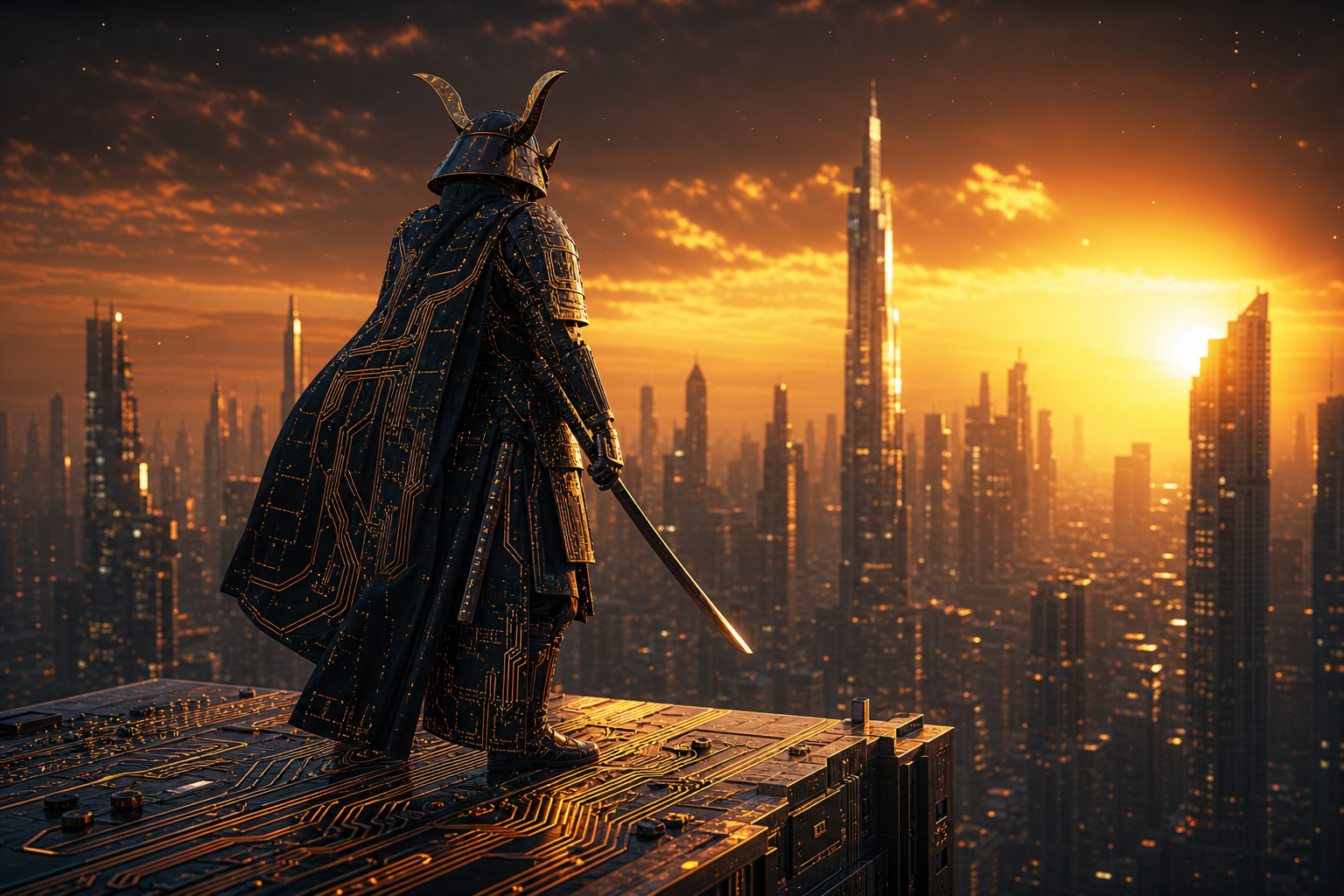 Cyber Samurai Standing On Skyscraper Pcb-Design Wallpaper  5 4K