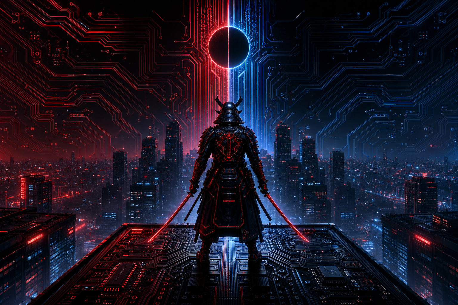 Cyber Samurai Standing On Skyscraper Pcb-Design Wallpaper  5 4K