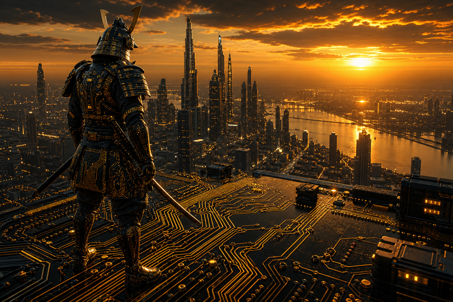 Cyber Samurai Standing On Skyscraper Pcb-Design Wallpaper  5 4K