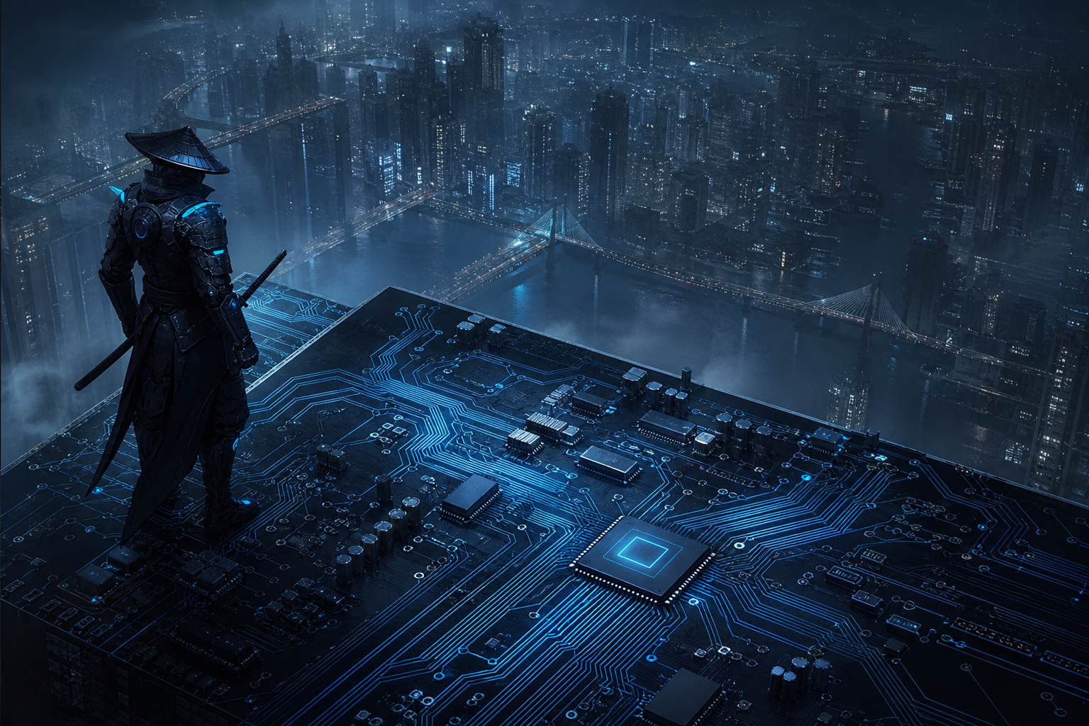 Cyber Samurai Standing On Skyscraper Pcb-Design Wallpaper  5 4K