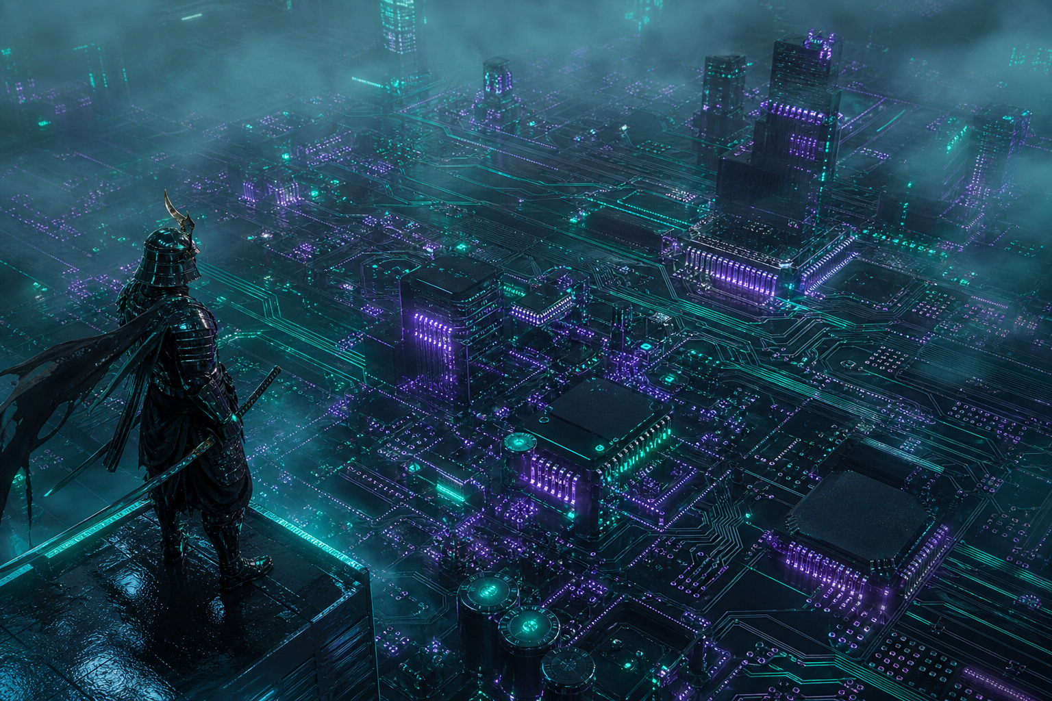 Cyber Samurai Standing On Skyscraper Pcb-Design Wallpaper  5 4K