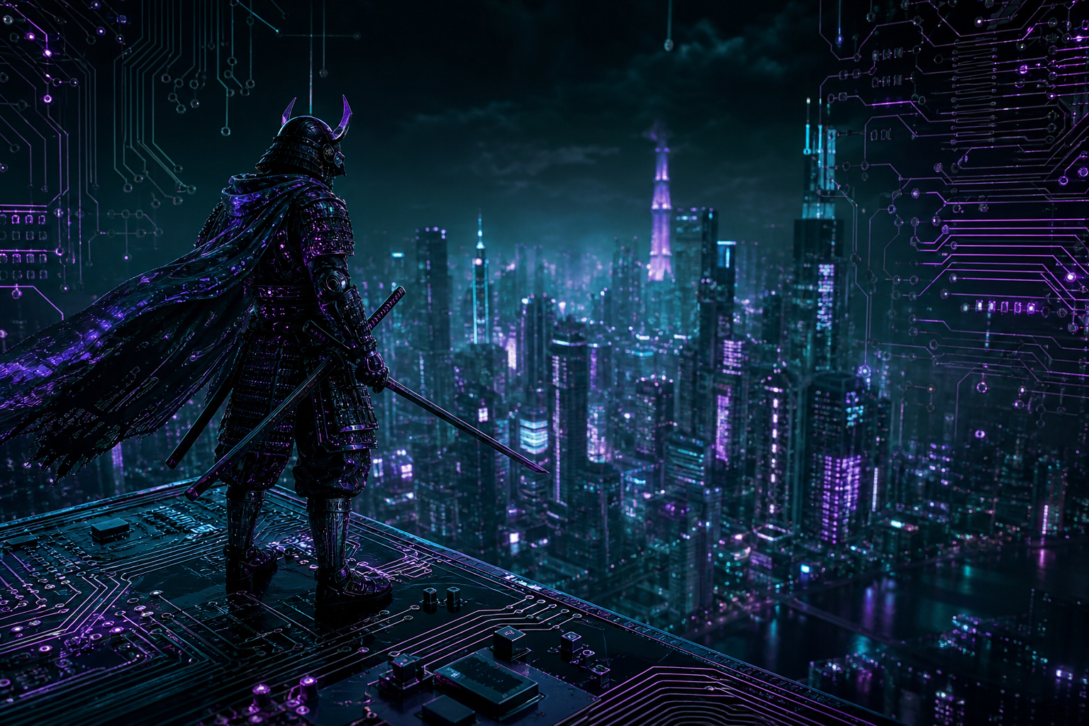Cyber Samurai Standing On Skyscraper Pcb-Design Wallpaper  5 4K