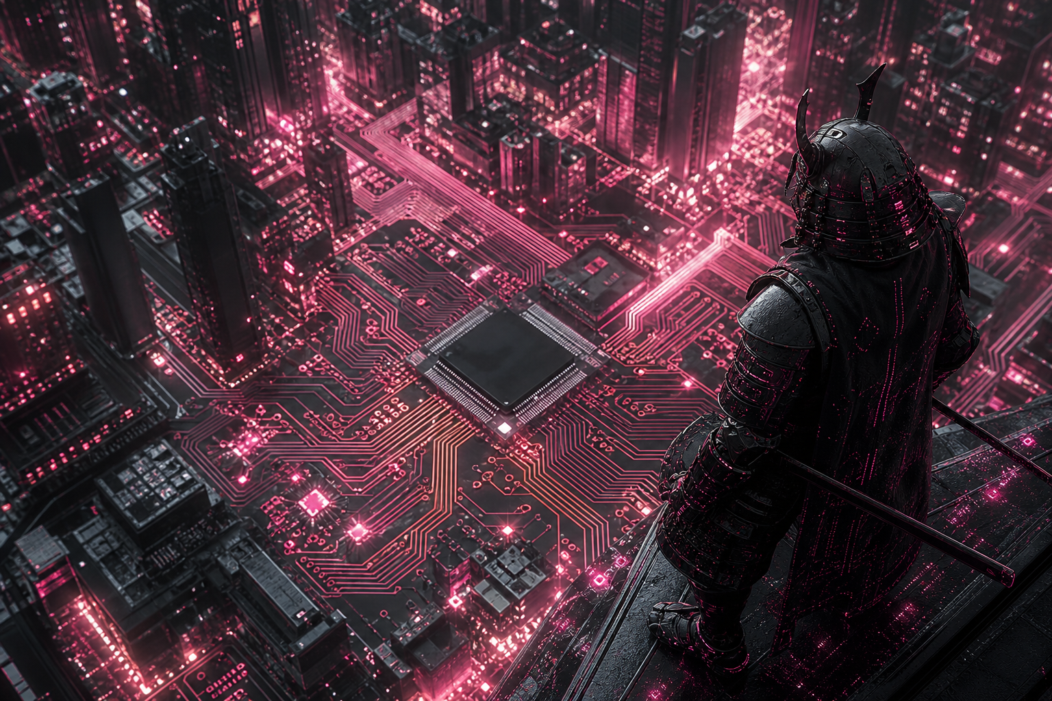 Cyber Samurai Standing On Skyscraper Pcb-Design Wallpaper  5 4K