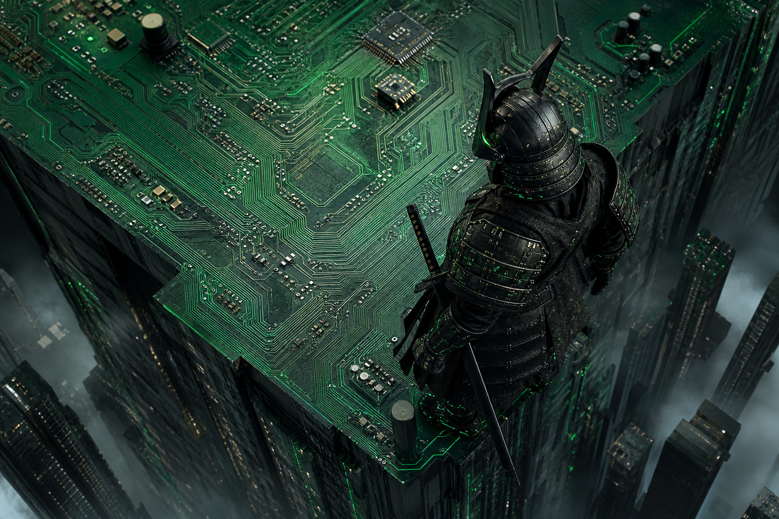 Cyber Samurai Standing On Skyscraper Pcb-Design Wallpaper  5 4K