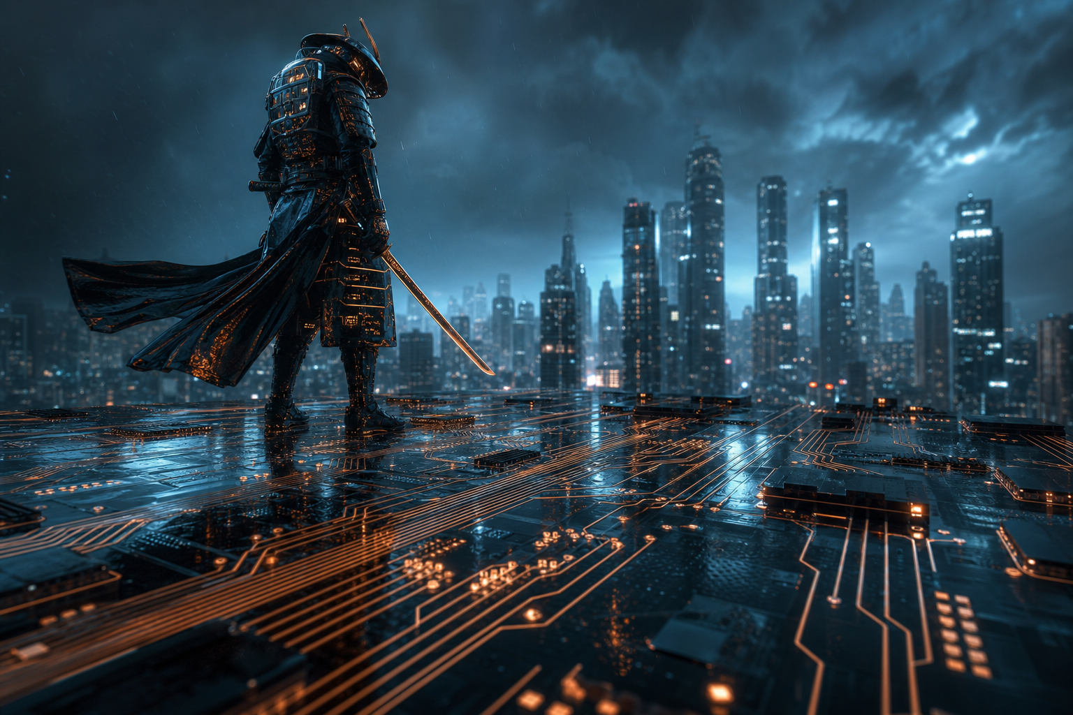Cyber Samurai Standing On Skyscraper Pcb Design Wallpaper 5 4K 16 4K Pcb Design Wallpaper
