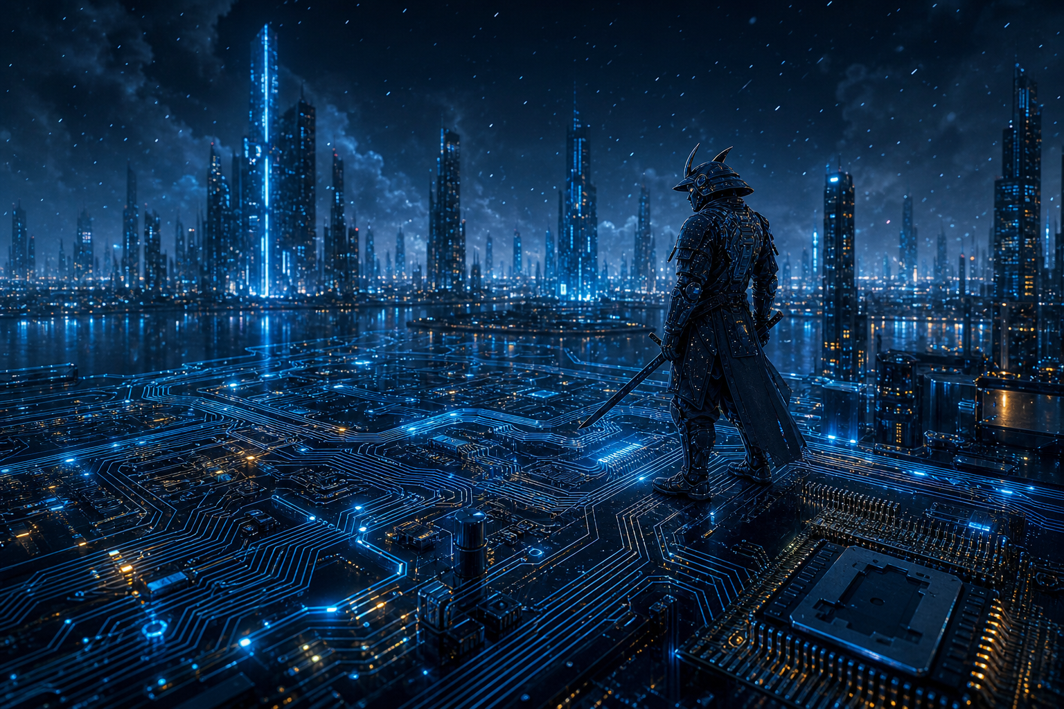 Cyber Samurai Standing On Skyscraper Pcb-Design Wallpaper  5 4K