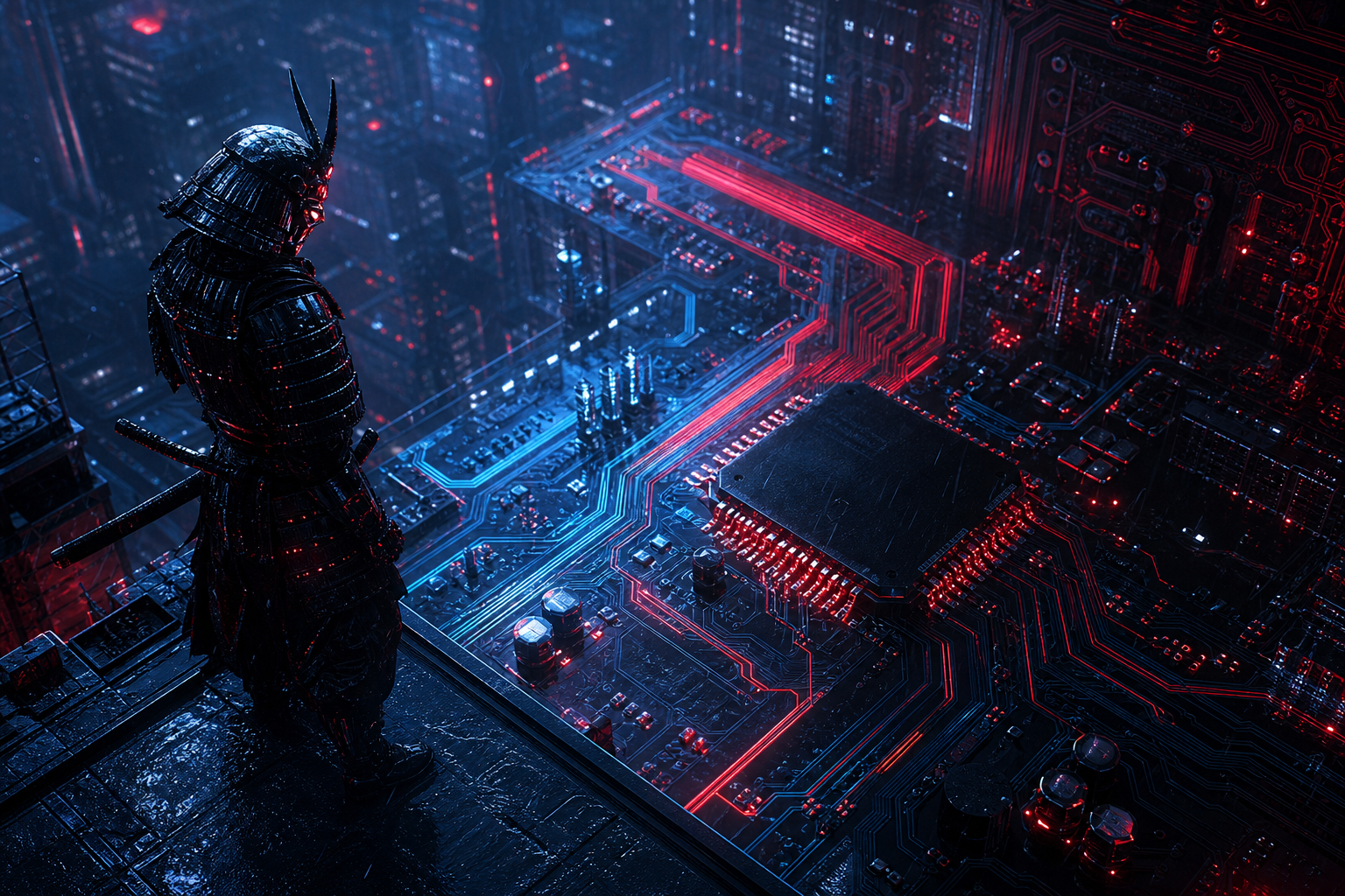 Cyber Samurai Standing On Skyscraper Pcb-Design Wallpaper  5 4K