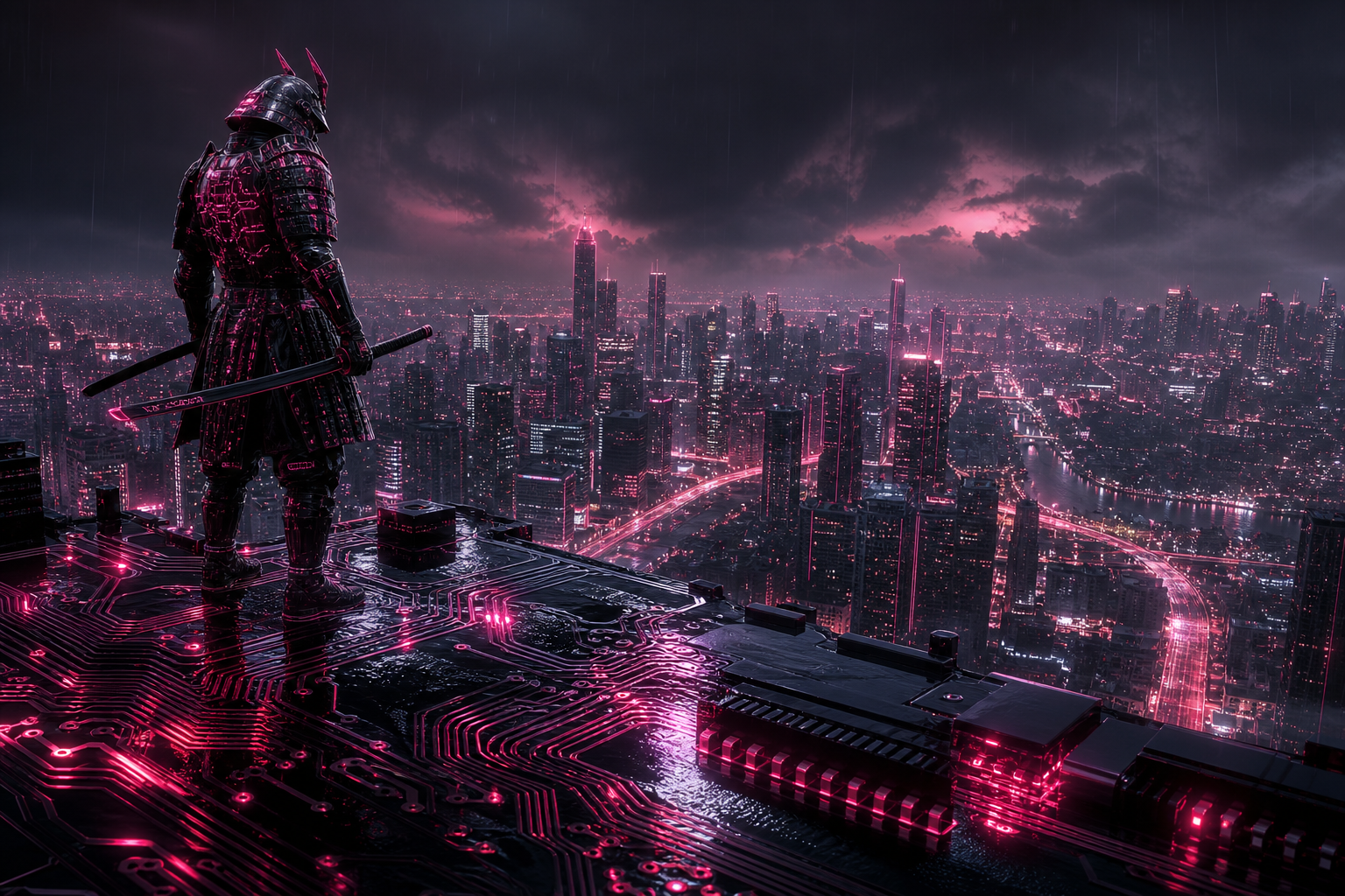 Cyber Samurai Standing On Skyscraper Pcb-Design Wallpaper  5 4K