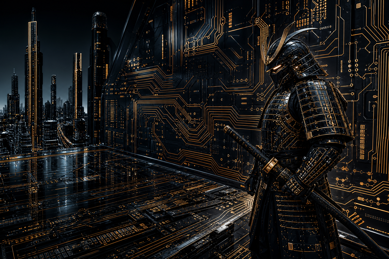 Cyber Samurai Standing On Skyscraper Pcb-Design Wallpaper  5 4K