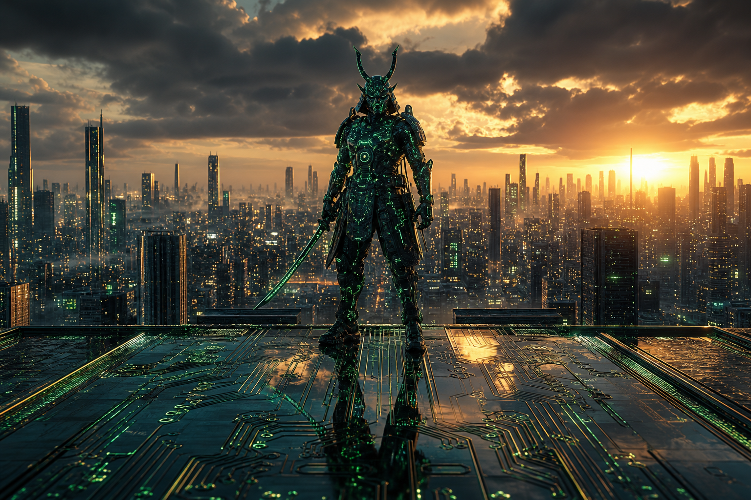 Cyber Samurai Standing On Skyscraper Pcb-Design Wallpaper  5 4K