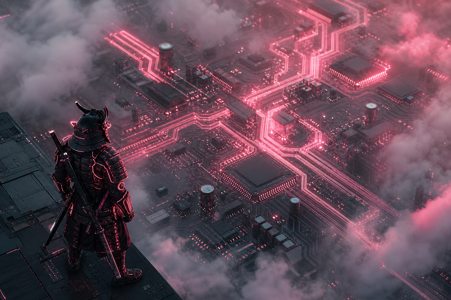 Cyber Samurai Standing On Skyscraper Pcb-Design Wallpaper  5 4K