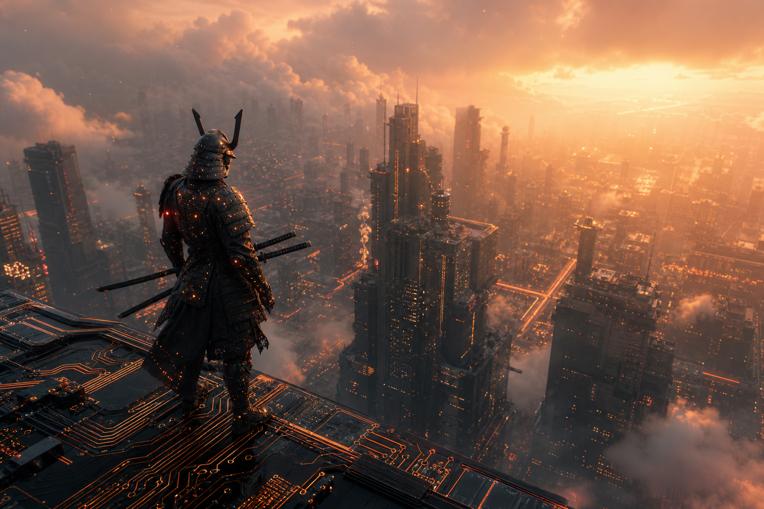 Cyber Samurai Standing On Skyscraper Pcb-Design Wallpaper  5 4K