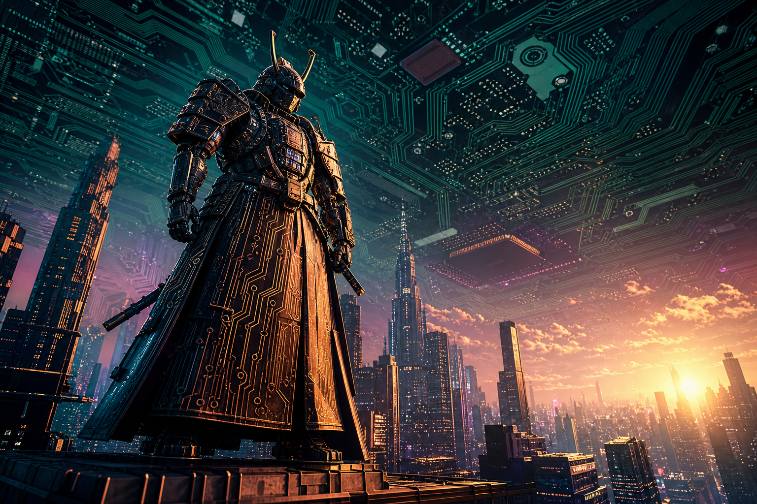 Cyber Samurai Standing On Skyscraper Pcb-Design Wallpaper  5 4K