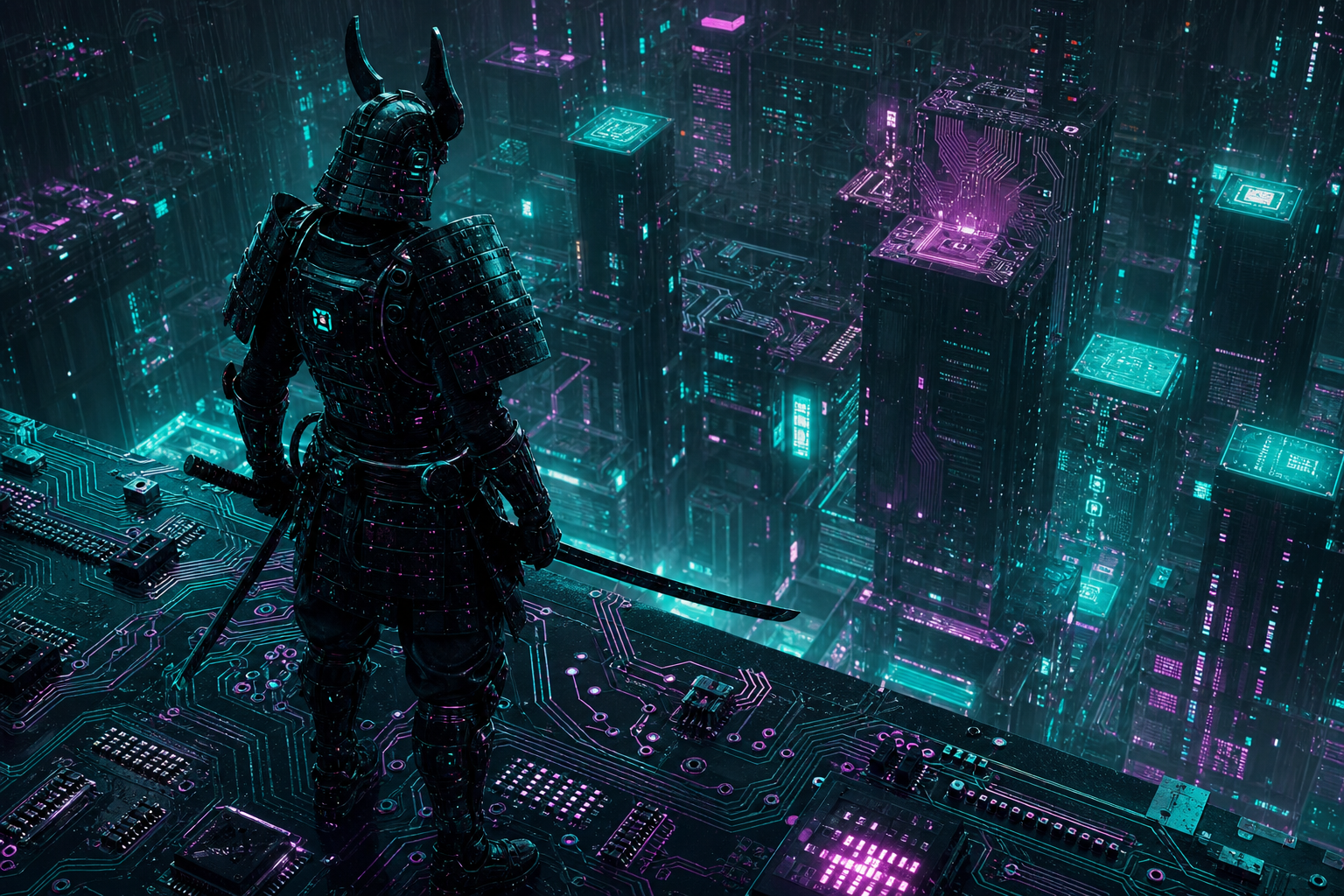 Cyber Samurai Standing On Skyscraper Pcb-Design Wallpaper  5 4K