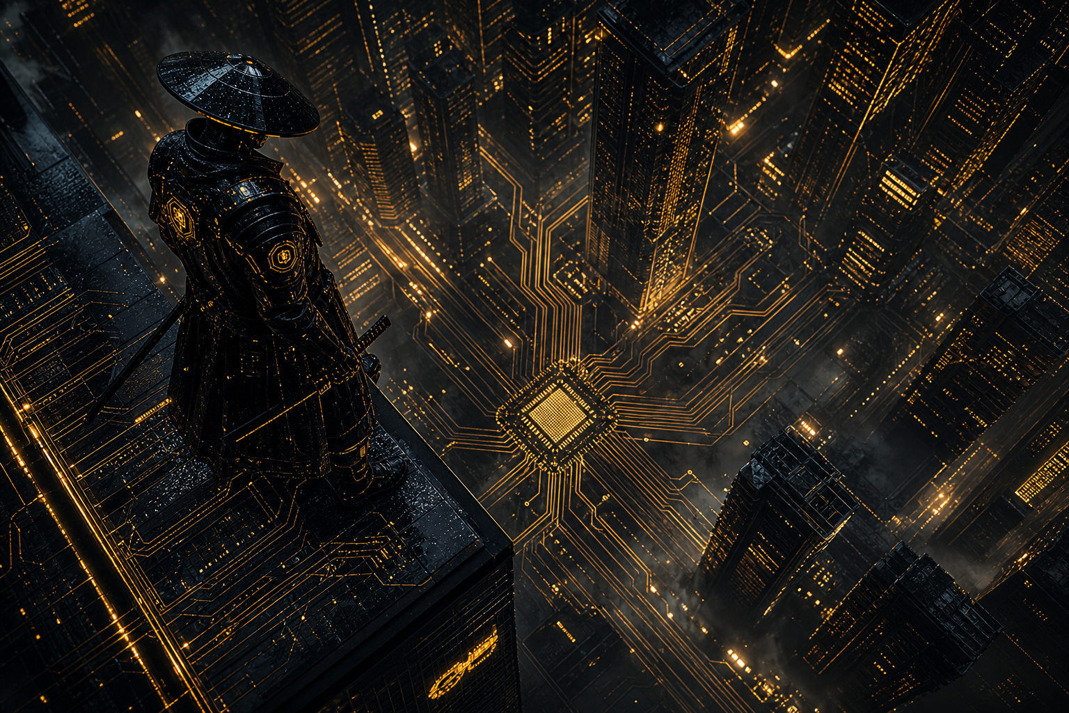 Cyber Samurai Standing On Skyscraper Pcb-Design Wallpaper  5 4K