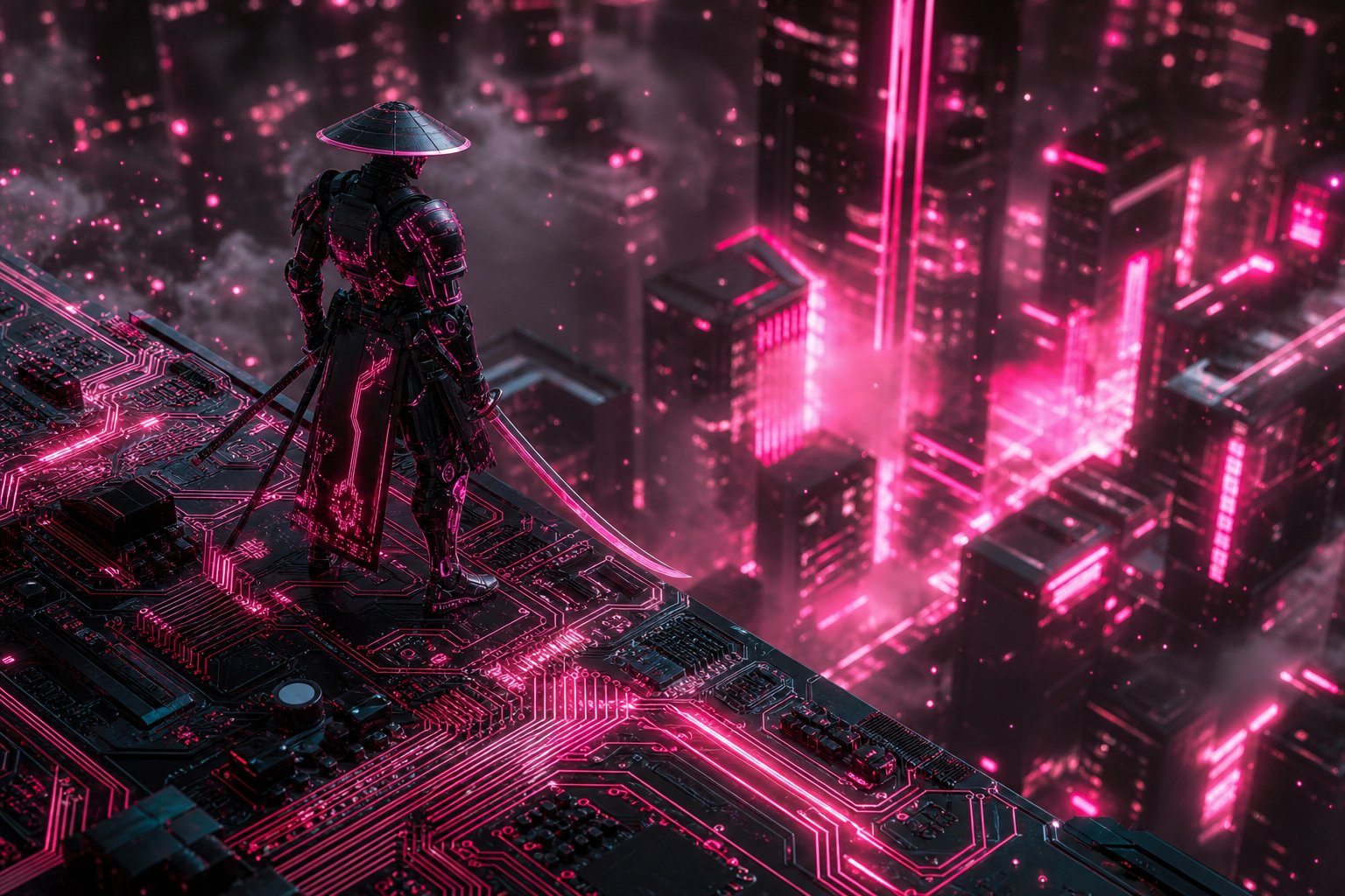 Cyber Samurai Standing On Skyscraper Pcb-Design Wallpaper  5 4K