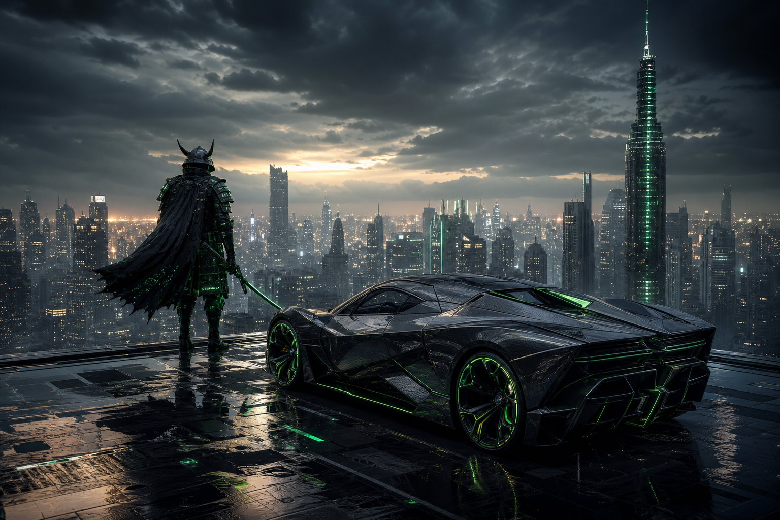 Cyber Samurai Standing On Skyscraper Supercars Wallpaper  5 4K