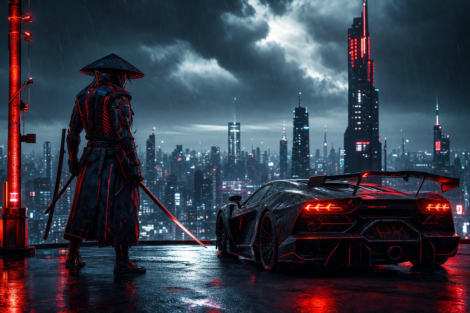 Cyber Samurai Standing On Skyscraper Supercars Wallpaper  5 4K