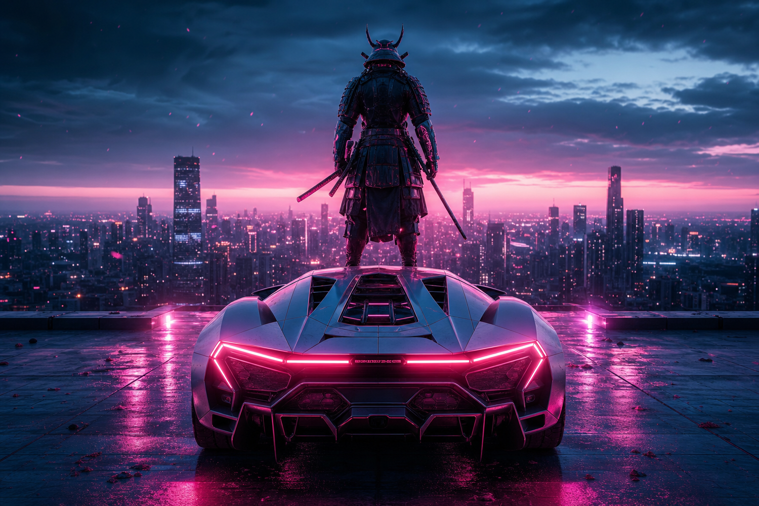 Cyber Samurai Standing On Skyscraper Supercars Wallpaper  5 4K
