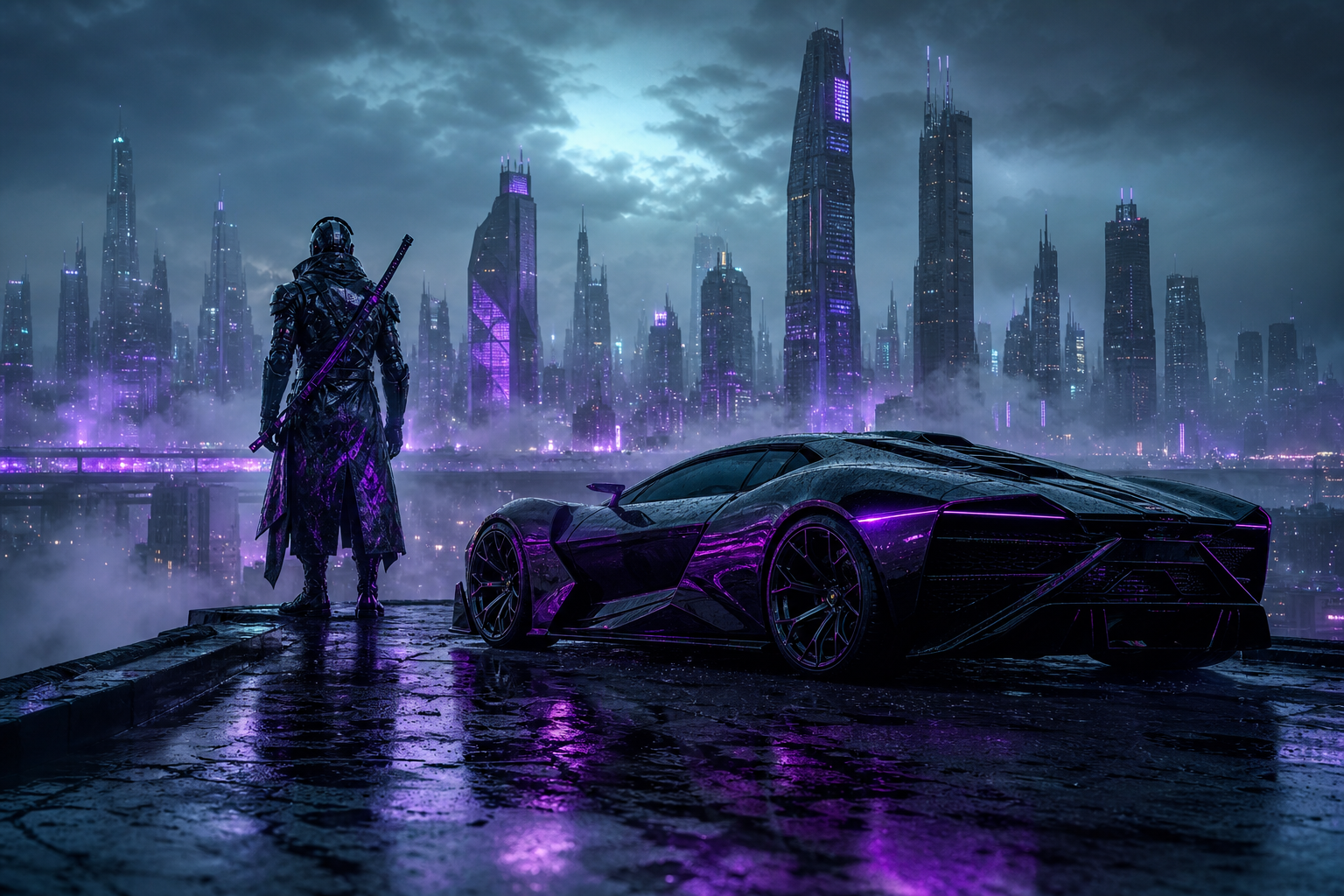 Cyber Samurai Standing On Skyscraper Supercars Wallpaper  5 4K